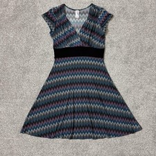 Purple Rain Dress Womens Medium Teal Chevron A-Line V-Neck Made USA 90s Vintage