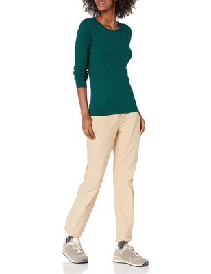 Damen Pullover M Dunkelgrün Rundhalsausschnitt Zopfmuster Amazon Essentials