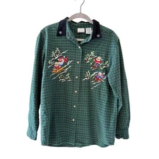 Vintage Bobbie Brooks Holiday Flannel Shirt M Snow Bears Embroidered Green Plaid