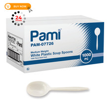 PAMI 1000 Plastic Soup Spoons Bulk Disposable White Medium Spoons,
