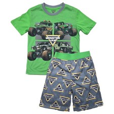 Boys Black  Green Monster Jam Short Sleeve T-Shirt  Shorts Pajama Set