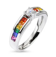 Pride Shack - Rainbow Ring w/ CZ Middle Stone -LGBT Lesbian Gay Pride Ring Sizes