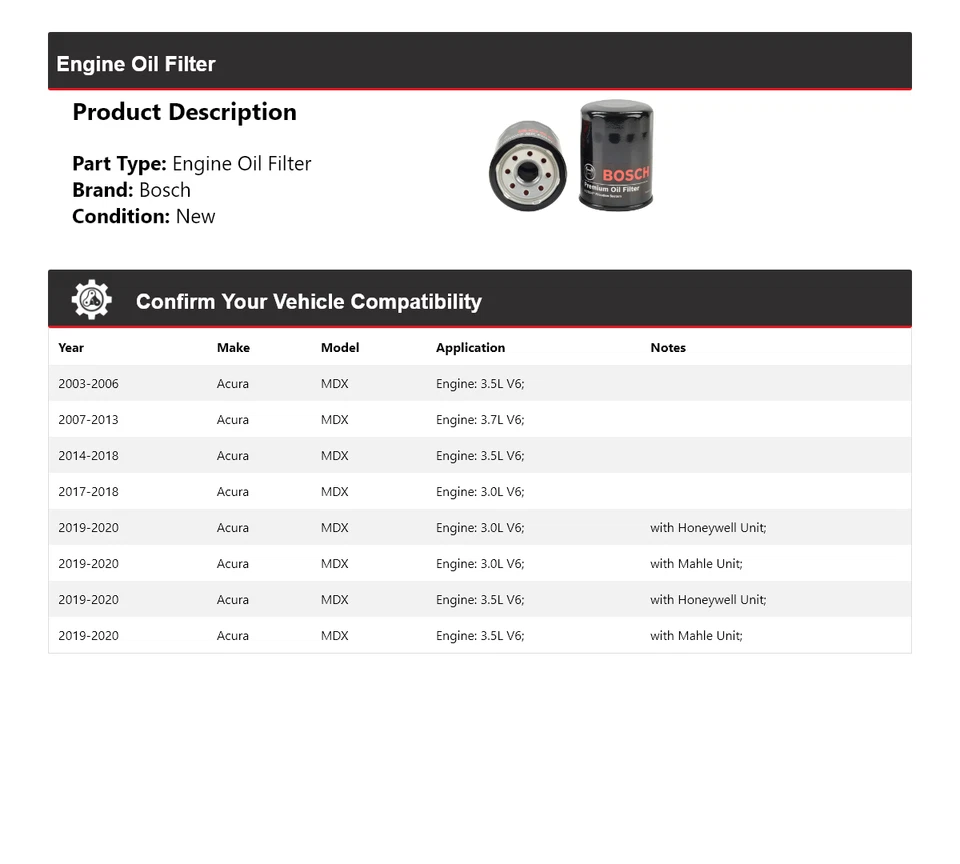 Filtro de aceite premium para Acura MDX Bosch 2003-2020 2004 2005 2006 2007 2008 2009 Foto 2 de 3