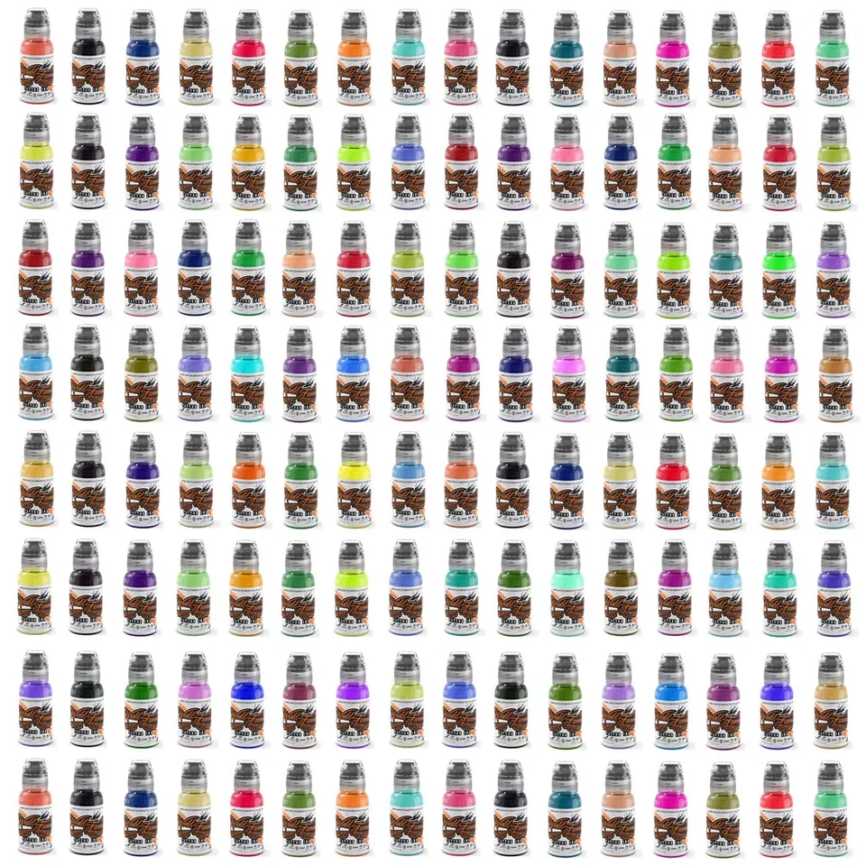 Tinta de tatuaje mundialmente famosa 1 oz azul rojo verde amarillo negro gris marrón púrpura naranja Foto 2 de 3
