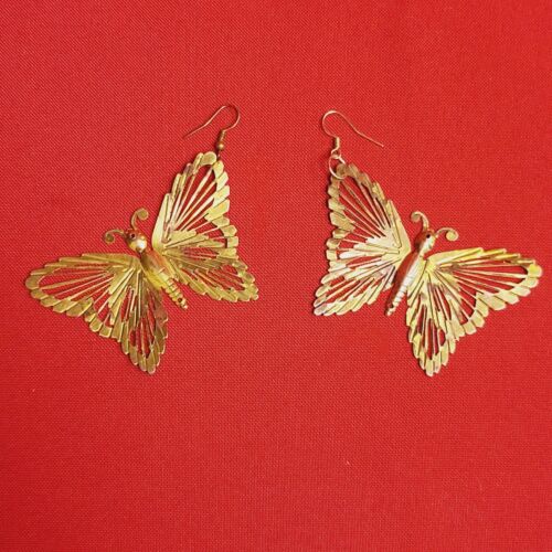 Vintage Gold Tone Metal Butterfly Dangle Earrings