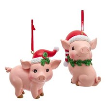 Set of 2 PINK PIGGY Pigs in Santa Hats Christmas Ornaments by Kurt Adler
