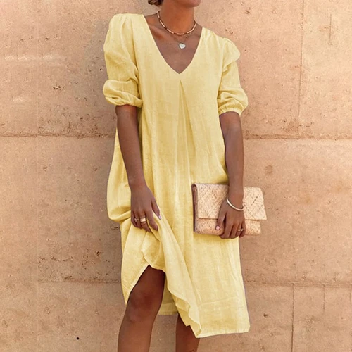Women's Baggy Cotton Line V Neck Smock Dress Ladies Mid Sleeve Dresses Asian sz - Picture 7 of 22