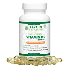 Zaytun Vitamins Halal Vitamin D3 5000IU 180 Softgels Supports Bone Health, Halal