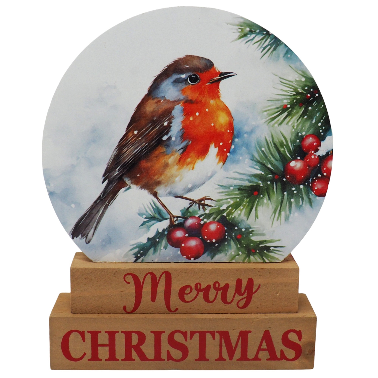 Robin Christmas Decoration with Wooden Base - Festive Tabletop Display