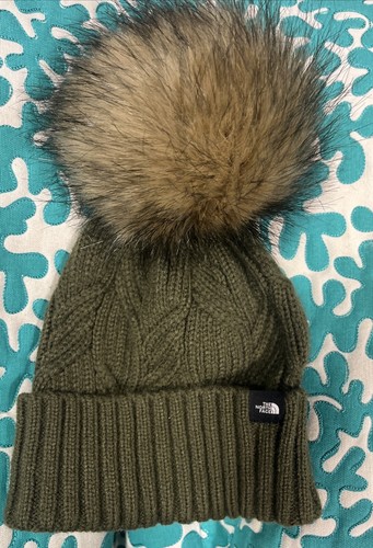 The North Face Oh Mega Fur Pom Beanie Taupe Green Knit Hat Junior’s One Size Kid
