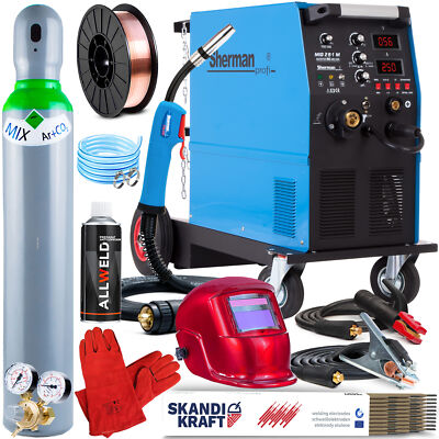 400V / 230V profi Schweißgerät MIG MAG 250A mit Fahrwerk - Set mit Gasflasche