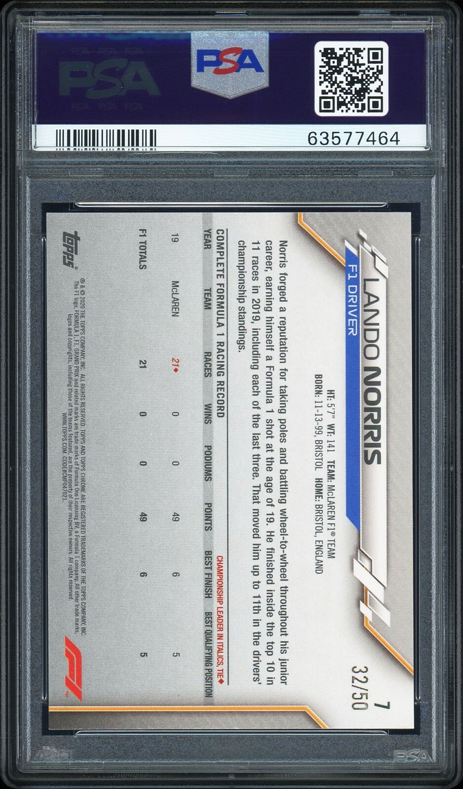 Lando Norris 2020 Topps Chrome Formula 1 Sapphire F1 #7 Gold Portrait /50 PSA 8 view 2