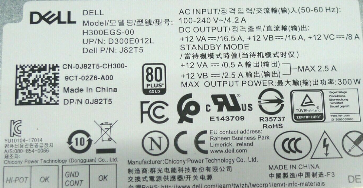 Genuine Dell Optiplex XE3 SFF 300W Power Supply H300EGS-00 J82T5