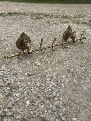 Vintage Brass Double Horse Head Equestrian 5 Hook 39  Rare Coat Hat Rack