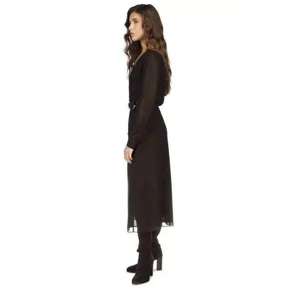 Abito midi Michael Kors nero "Kate" maniche trasparenti con cintura e bottoni XL #7225