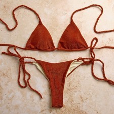 Solid Orange Textured 2pc Bikini Set Triangle...