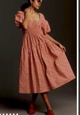 Abito midi Anthropologie manica a sbuffo rosso floreale smoked 1XL boho cottage spiaggia