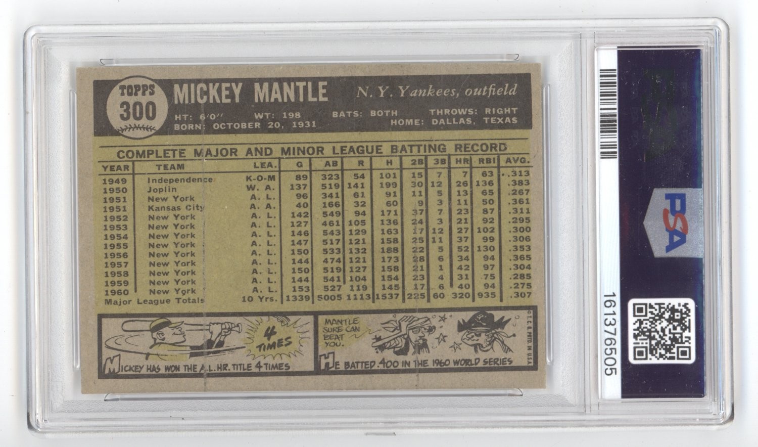 MICKEY MANTLE 1961 TOPPS #300 GREAT CENTERING NEW YORK YANKEES PSA 5 Q1887 view 2