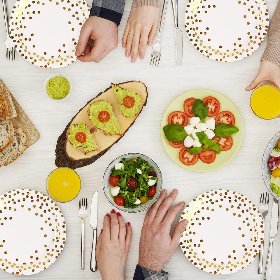 Juego de 75 platos y servilletas de papel - Comedor de fiesta desechable de punto blanco y dorado Foto 3 de 4