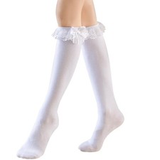 Women's Lace Ruffle Frilly Ankle Socks - Girl Knee Cotton White-1 Pairs-bow