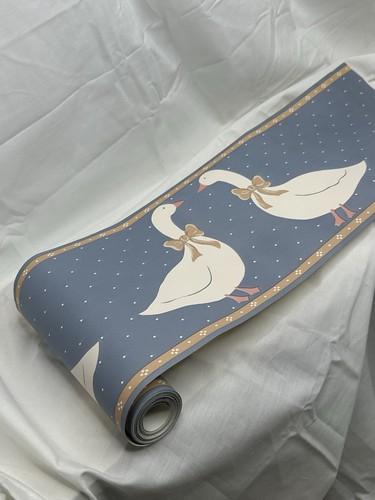 Vintage Country Geese Wallpaper Border Dusty Blue Bows Polka Dot Farmhouse