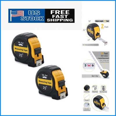 Ergonomic 2-Pack 25 ft Yellow Retractable Tape Measure - For DIYers & Pros