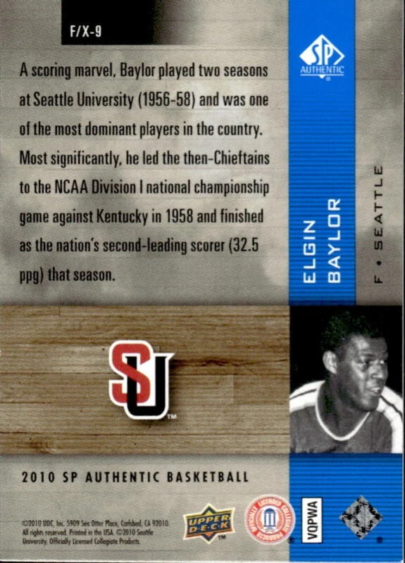 2010 SP AUTHENTIC ELGIN BAYLOR F/X-9 MINT HOLO F/X BASKETBALL SEATTLE REDHAWKS - Image 2 of 2