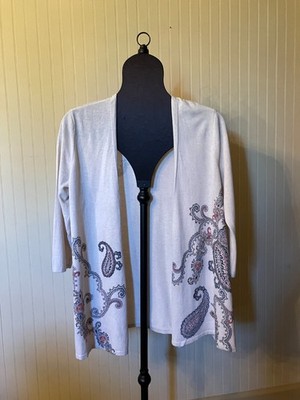 J Jill ~Ivory/Multi Paisley~Cotton Blend~Knit Tunic Resort Wear Open Cardigan~PM