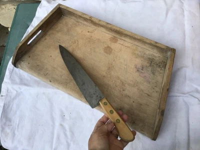 Ancien couteau de cuisine boucher vintage manche en bois riveté 32 cm - Photo 1/3