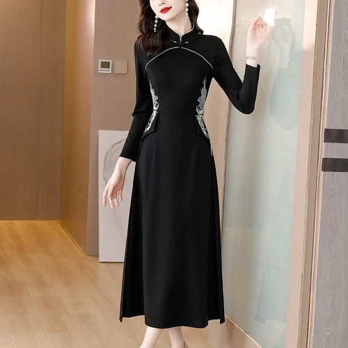 Women Qipao Long Sleeve Floral Chinese Style Dress Slim Fit Long Cheongsam Dress