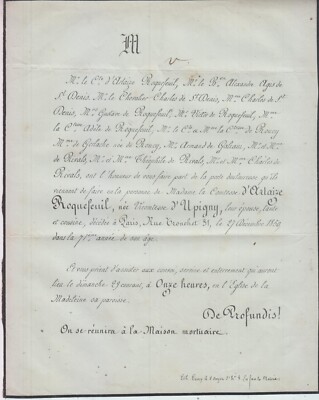 1850 Sterbeurkunde Gräfin von ARTAIZE ROQUEFEUIL geboren GALLAND d'UPIGNY - Paris