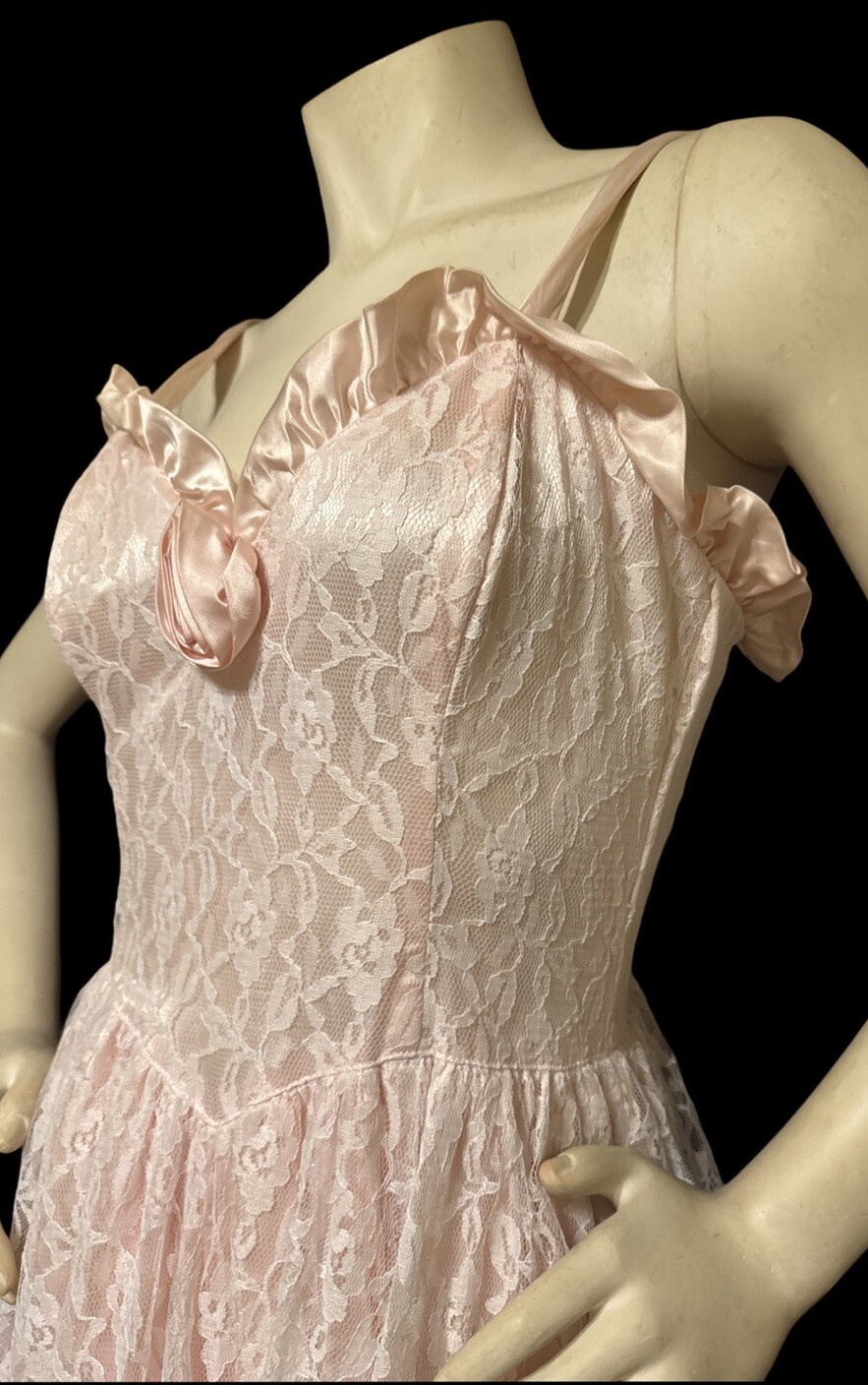 Vtg 80s GUNNE SAX Pink Satin Dress White Draped Lace Overlay Rosettes ...