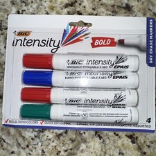 BIC INTENSITY Bold Dry Erase Marker Chisel Tip 4 pk - Black Blue Red Green NIB.