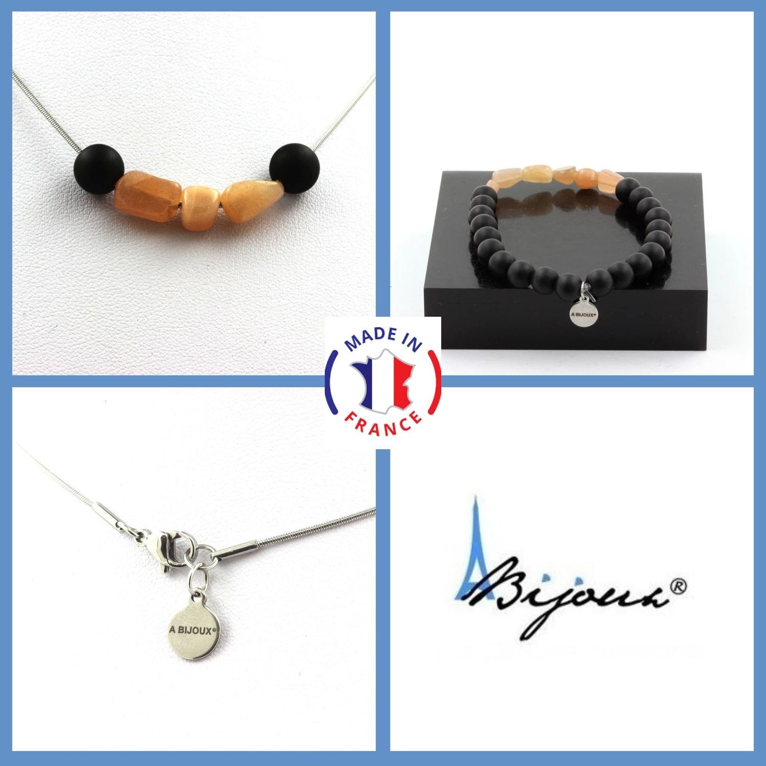 Collier et bracelet onyx noir mat 8 mm et pierre de taille