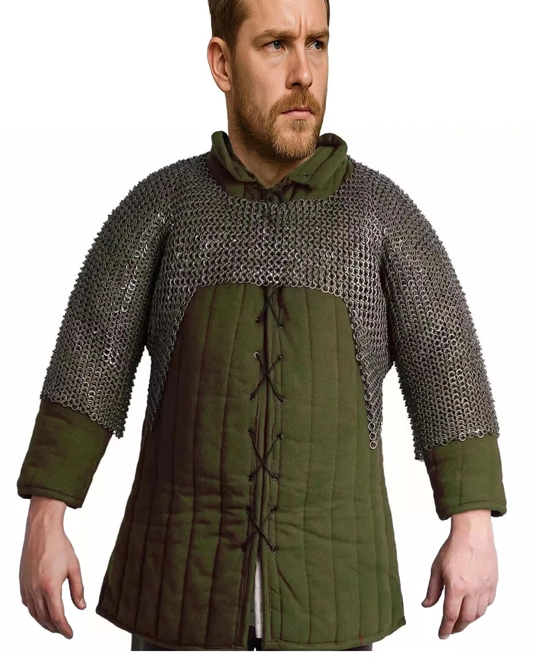 Cota de malla Hauberk 9MM anillo plano remachado con anillo liso media manga camisa Pascua - Imagen 3 de 4