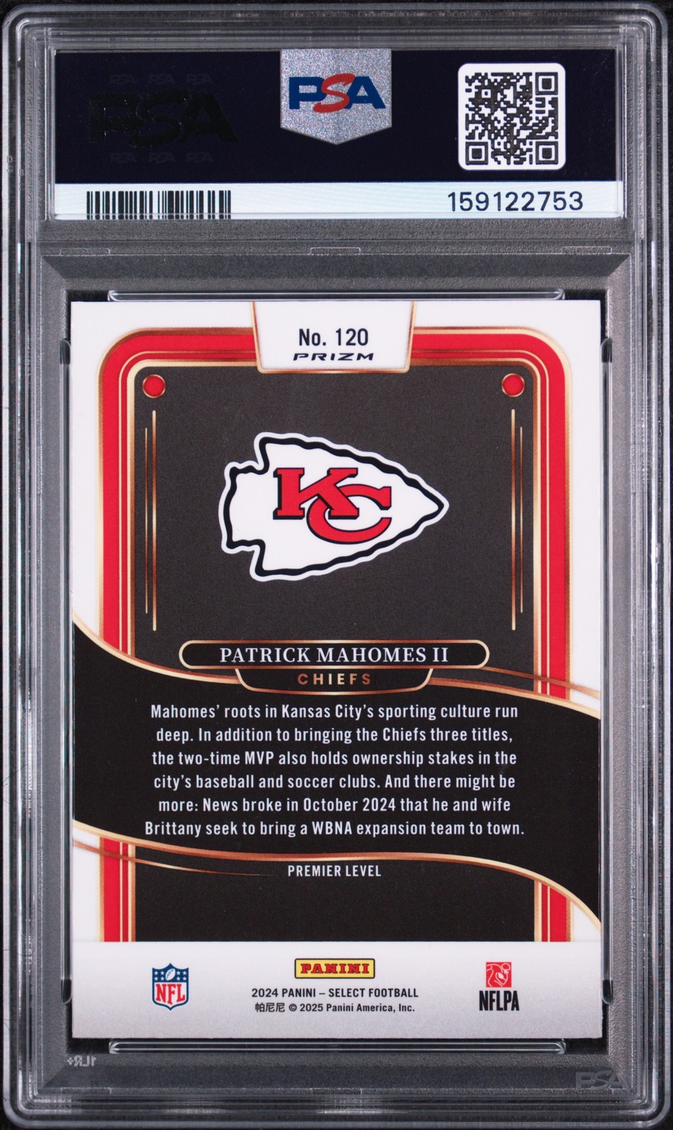 2024 Panini Select #120 Patrick Mahomes Black & Blue Shock PSA 9 Chiefs view 2