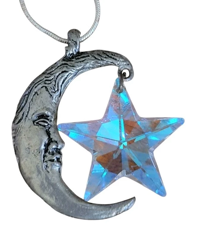 Редкий винтажный полумесяц лицо большой кристалл AB звезда надпись олова ожерелье - Изображение 3 из 4