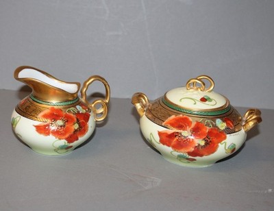 Antique Pickard Porcelain Creamer and Sugar   Poppy Flowers