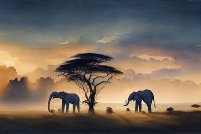 Wandbild: Aquarellmalerei Wilde Giraffe und Elefant mit Morgenlicht im [...]