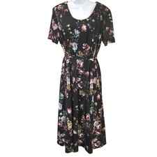 Vintage 90s Black Floral Midi Dress Belted Cottagecore Romantic Garden Roses