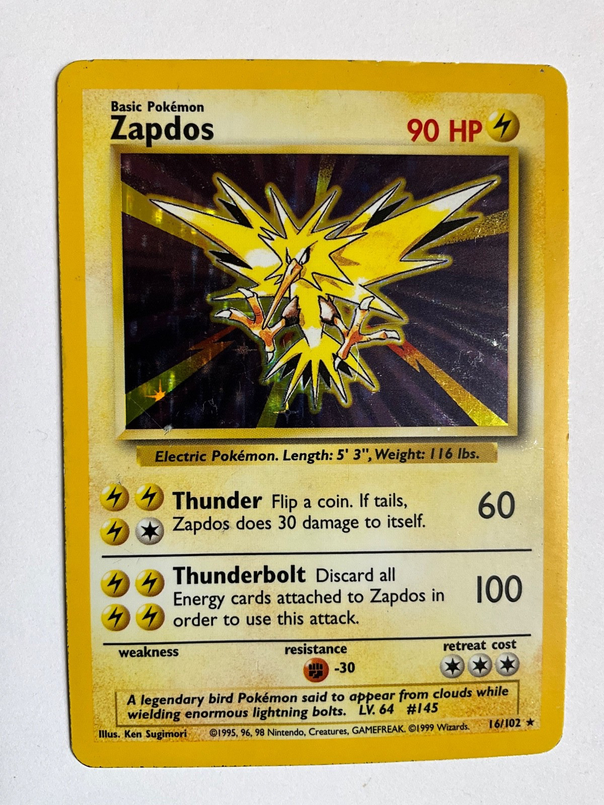 1999 Pokémon Zapdos 16/102 Holo Rare WOTC Base Set Unlimited MP/HP Back Crease