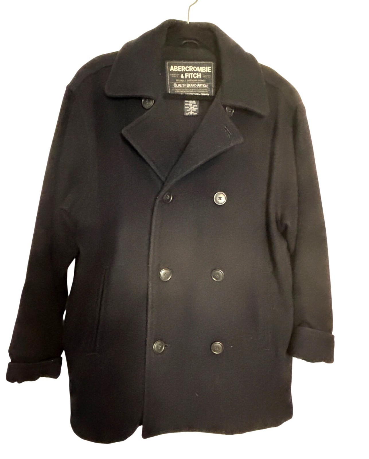 Abercrombie & Fitch Mens Double Breasted Peacoat Black Sz Medium Wool Blend Work