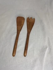 Vintage SALAD SERVER SET Spoon And Fork Teak Wood Patch Pattern 10”