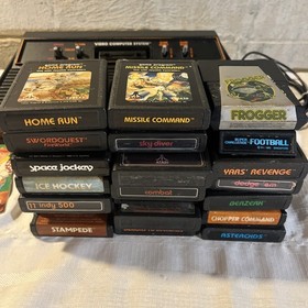 Atari 2600 4 Switch Woodgrain Console Joystick Driver Paddle Wires & 21 Games