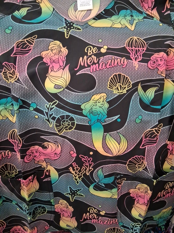Disney Ariel Little Mermaid Women's 2-Pocket STRETCH V-Neck Scrub Top S P12 - Image 2 of 4