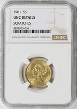 1901 $5 Liberty Gold Half Eagle NGC Unc Details Scratches
