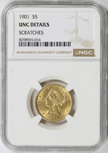 1901 $5 Liberty Gold Half Eagle NGC Unc Details Scratches