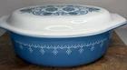 Vintage Pyrex Blue Snowflake Garland Oval Casserole Dish w/ Blue Horizon Lid 045