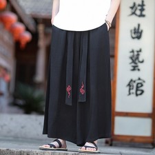 Retro Chinese Style Mens Linen Embroidery Long Wide Leg Pants Trousers Loose Fit