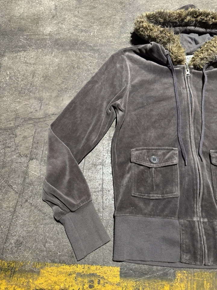 Y2K Self Esteem Faux Fur Hoodie Plaid Women’s M Velour Bella Swan Full Zip Juicy - Image 2 of 4